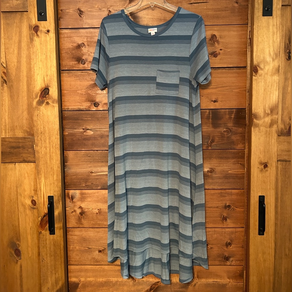 LuLaRoe “Carly” Blue Striped High Low Dress